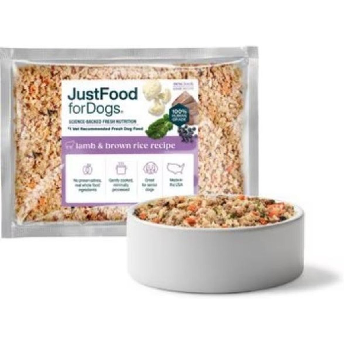 JustFoodForDogs Lamb & Brown Rice Recipe Frozen Human-Grade Fresh Dog Food, 18-oz pouch, case of 7