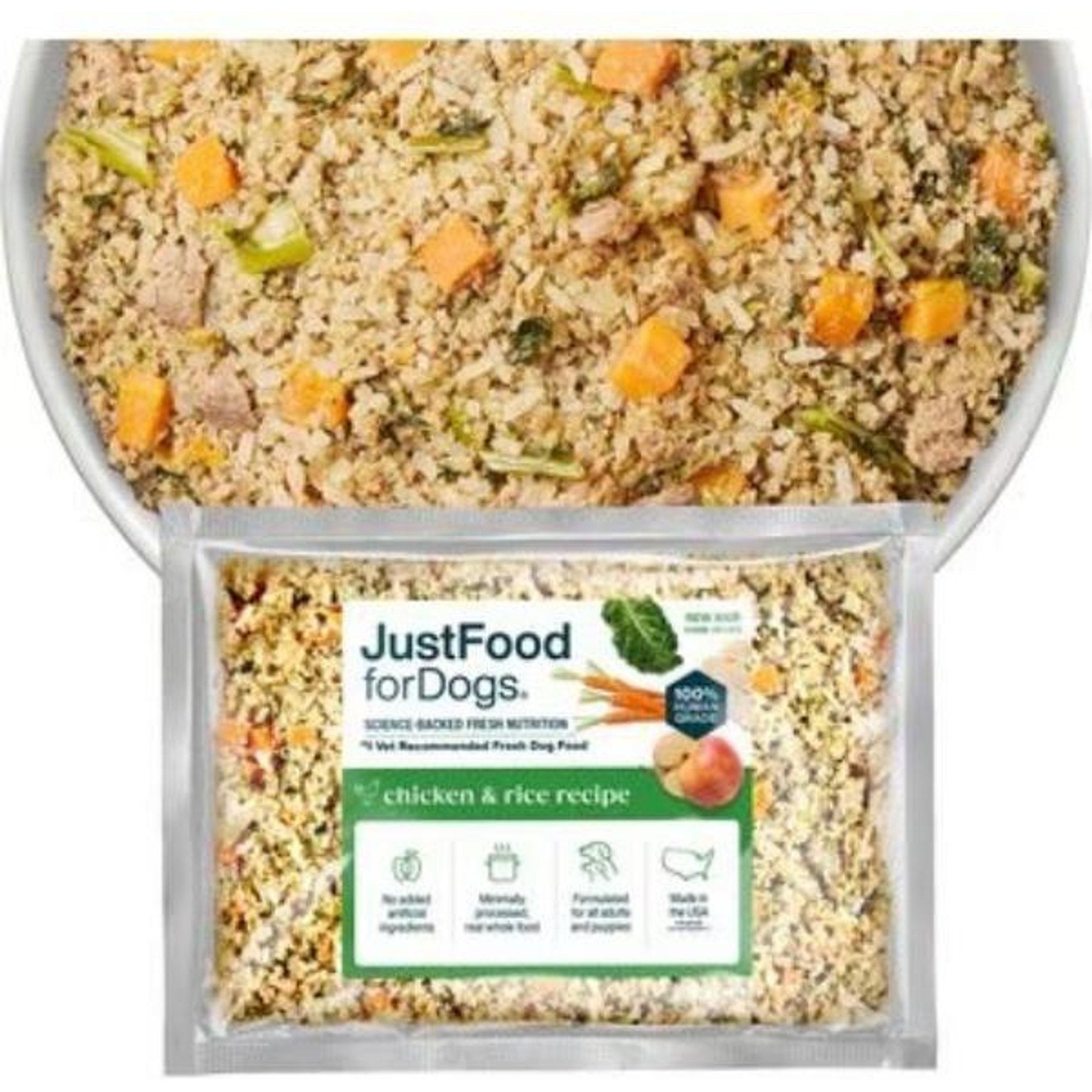 JustFoodForDogs Chicken & Rice Recipe Frozen Human-Grade Fresh Dog Food, 72-oz pouch