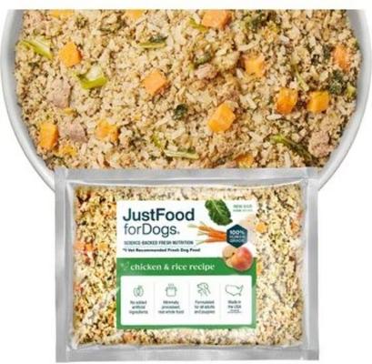 JustFoodForDogs Chicken & Rice Recipe Frozen Human-Grade Fresh Dog Food, 18-oz pouch, case of 7