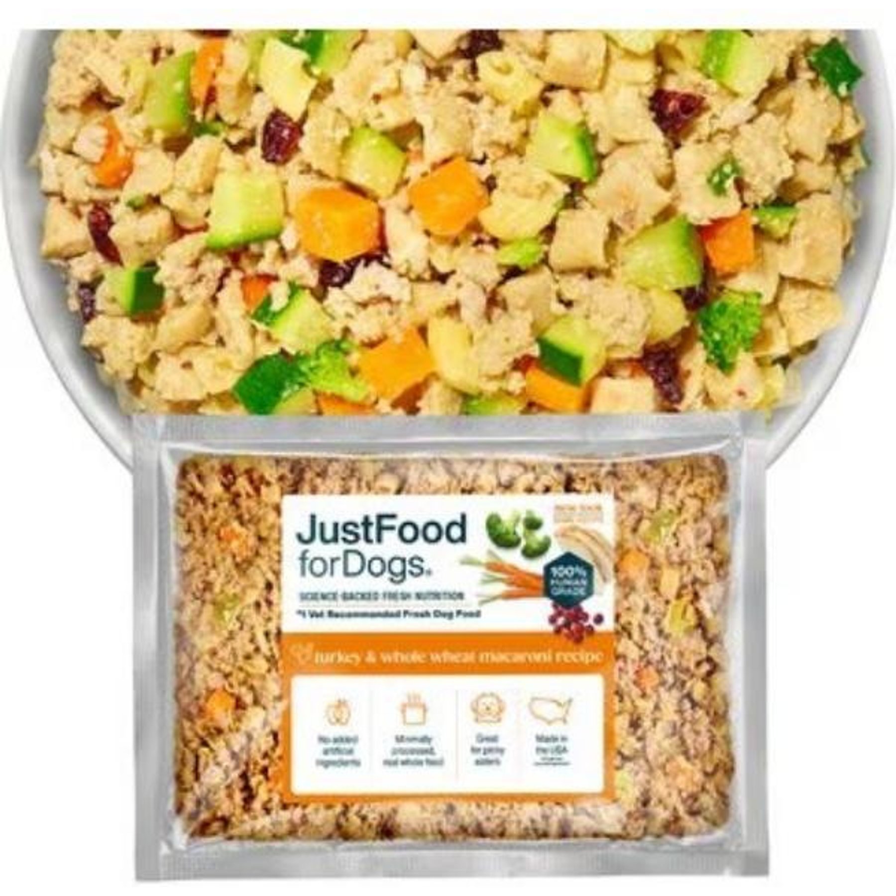 JustFoodForDogs Turkey & Whole Wheat Macaroni Recipe Frozen Human-Grade Fresh Dog Food, 72-oz pouch, case of 7