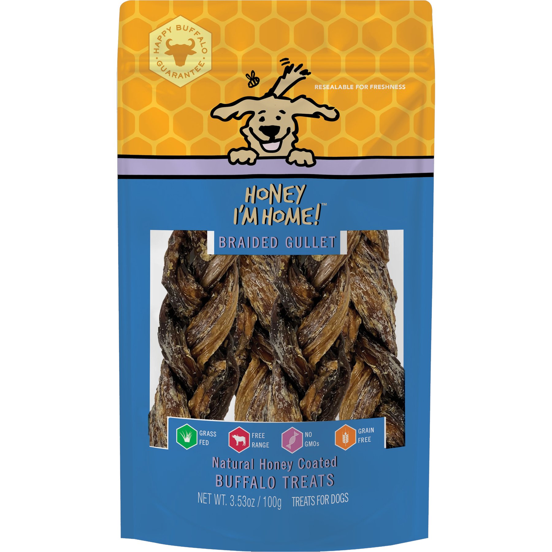 Honey I'm Home Natural Honey Coated Water Buffalo Braided Gullet Sticks Dog Chews, 3.53-oz bag