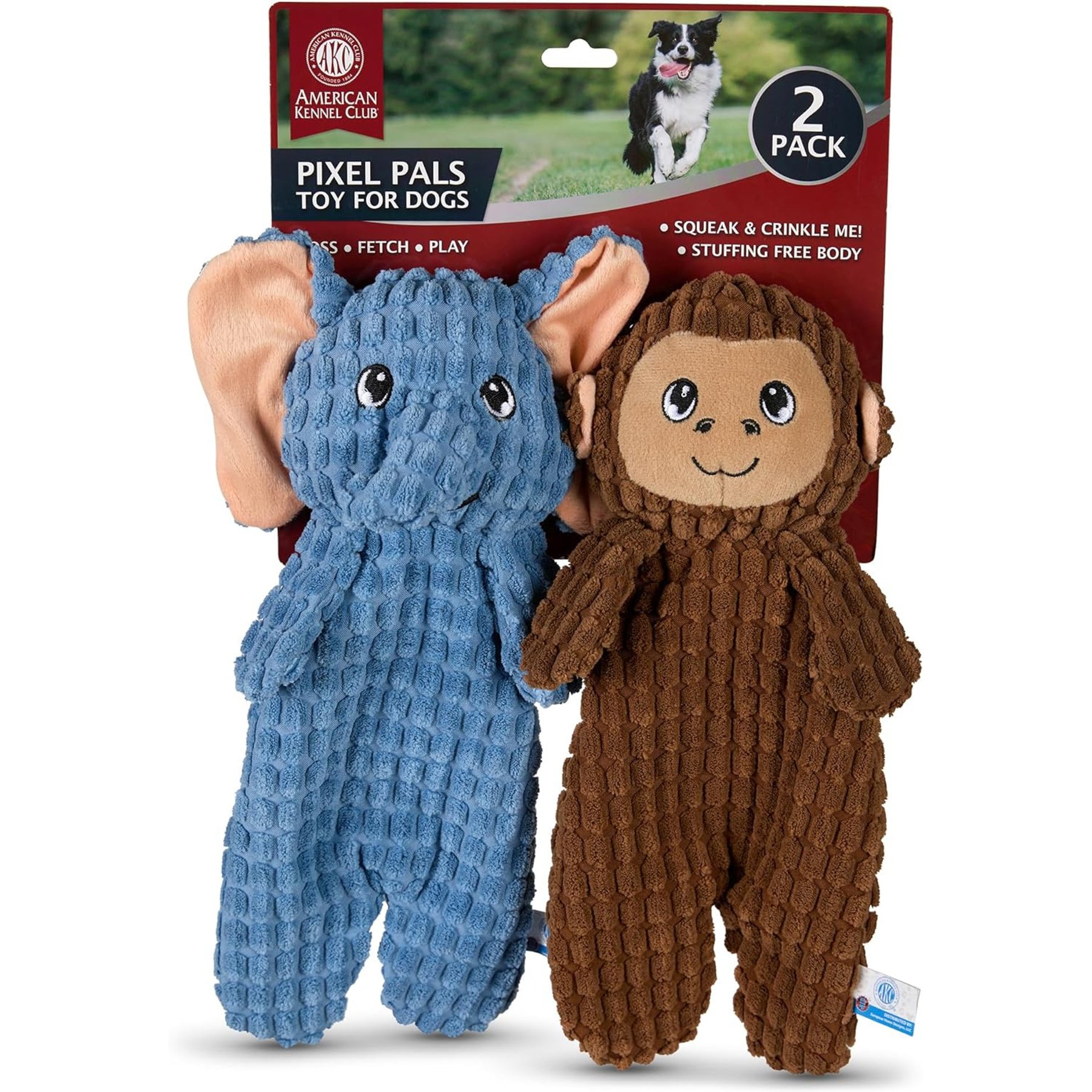 American Kennel Club Medium Pixel Pals Squeaky & Crinkle Toss Fetch & Interactive Play Elephant & Monkey Soft Plush Dog Toy Set, 2 count
