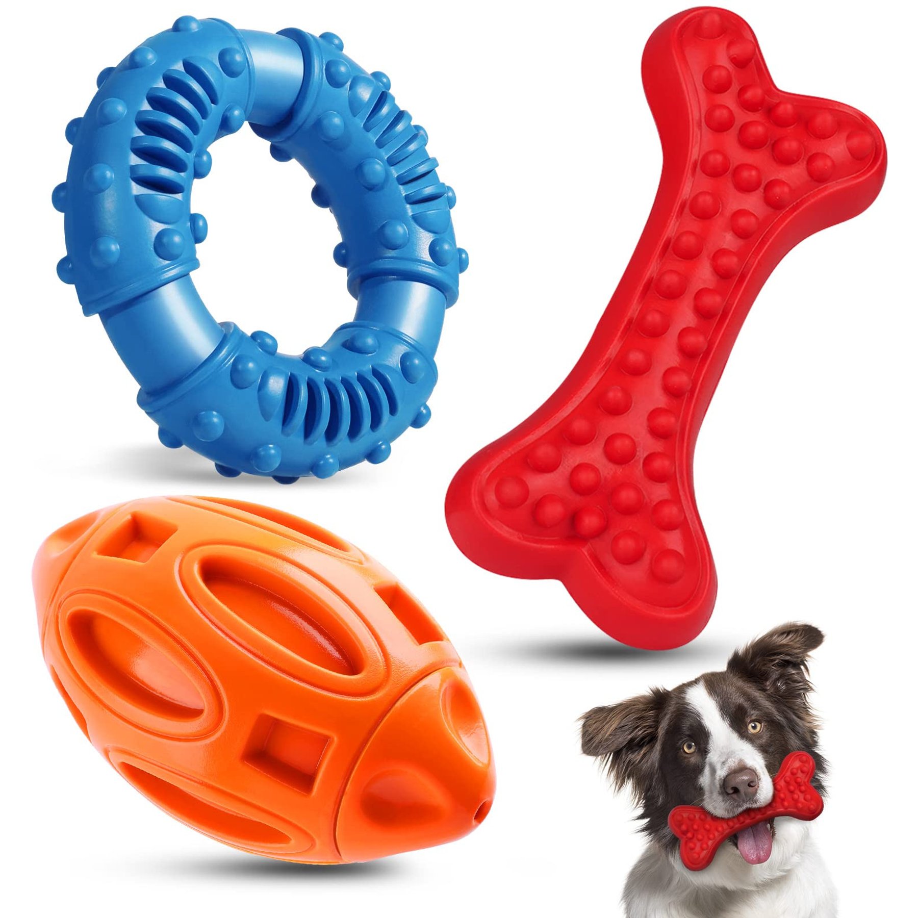 Kseroo Beef Flavor Durable Rubber Bone Tough Chew Dog Toy, Red & Orange & Blue, 3 count