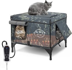 Golopet 3-in-1 Design Polyester Indoor & Outdoor Heated Cat House with Heating Pad, Elevated Bed & Condo, Green, Large