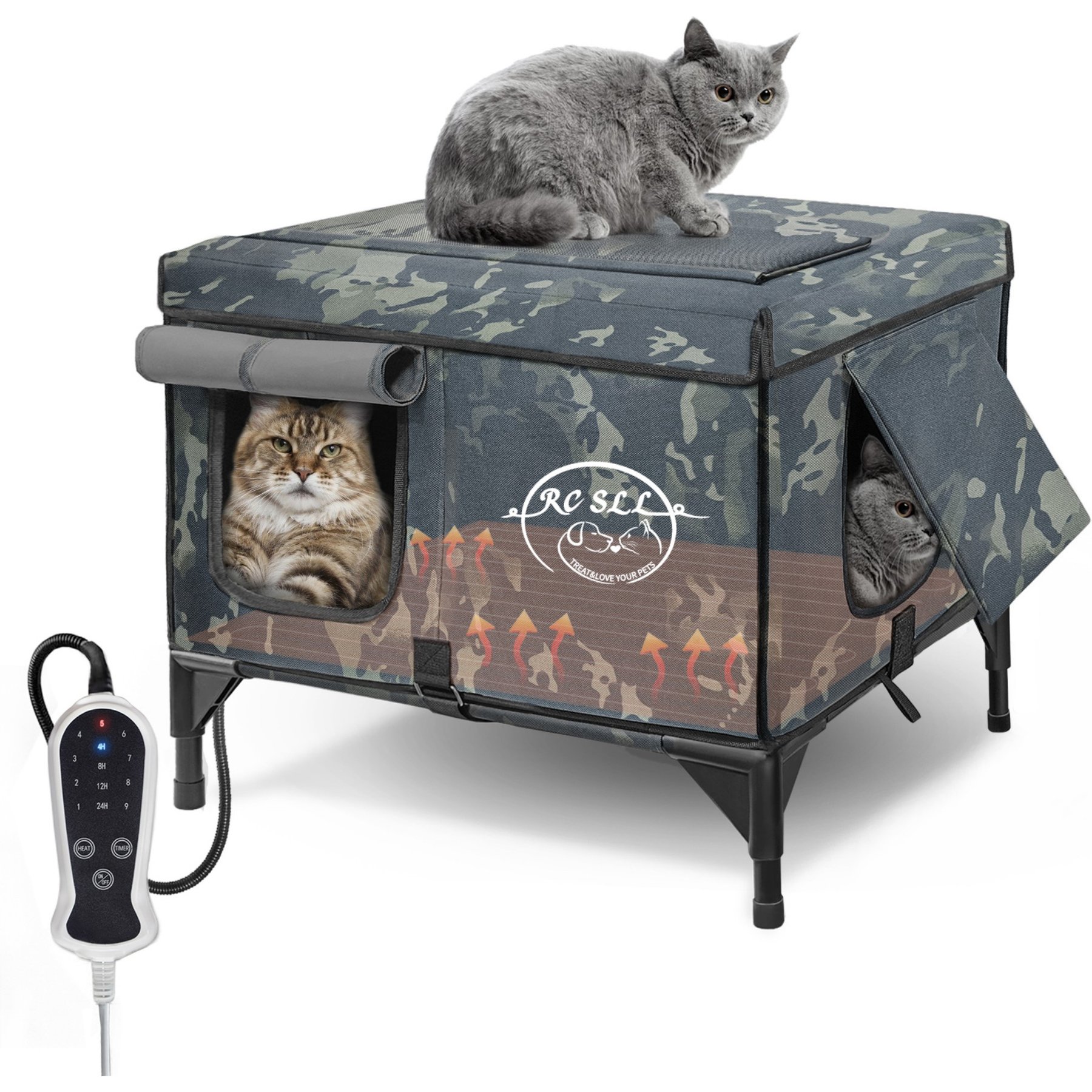 Golopet 3-in-1 Design Polyester Indoor & Outdoor Heated Cat House with Heating Pad, Elevated Bed & Condo, Green, Small