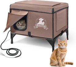 Golopet 3-in-1 Design Polyester Indoor & Outdoor Heated Cat House with Heating Pad, Elevated Bed & Condo, Brown, Medium