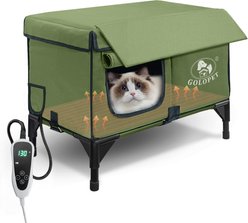 Golopet Outdoor Heated Cat House with Elevated Bed & Adjustable Temperature Heating Pad, Green, Large: 17 x 17-in