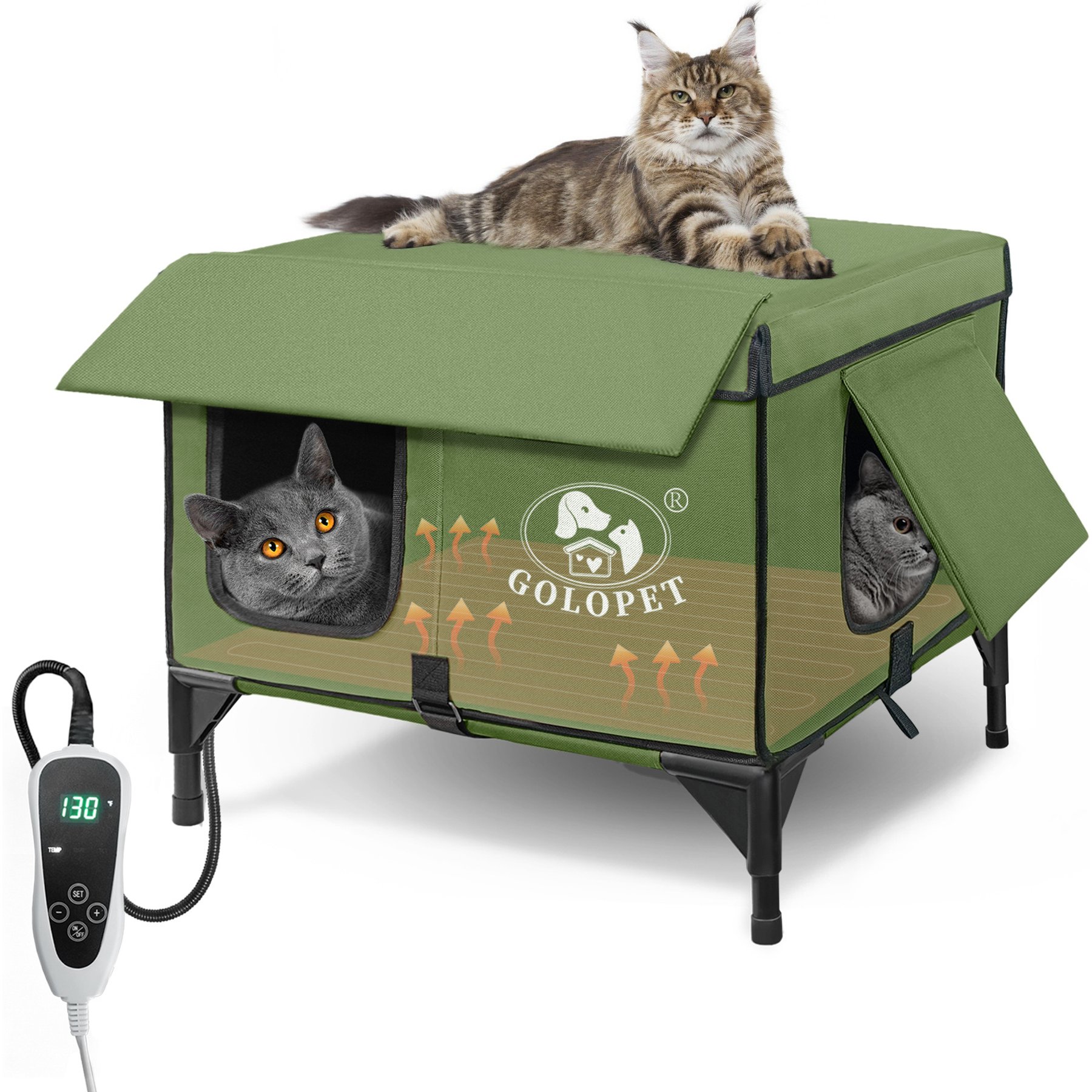 Golopet Adjustable Temperature Outdoor Elevated Cat Heating Bed & House with Timer & Chew Resistant Cord, Green, Medium