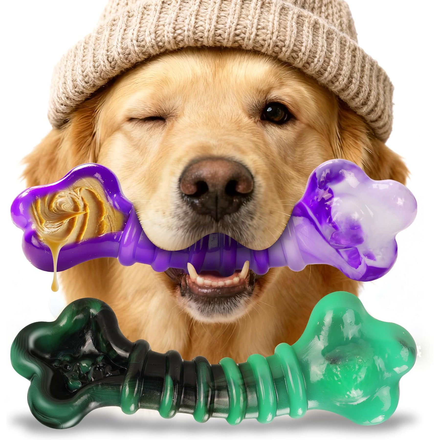 Kseroo Beef Flavor Stuffable Nylon Bone Tough Chew Dog Toy, 2 count, Green & Purple