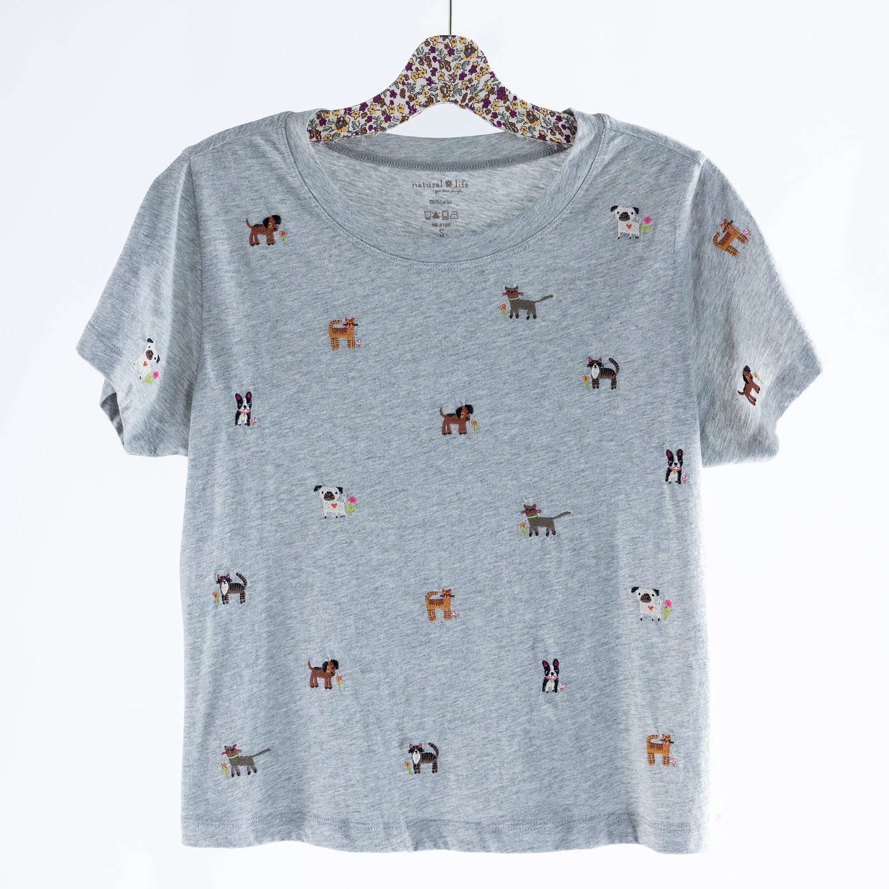 Natural Life Fave Things Pets Embroidered Tee, Grey, X-Small