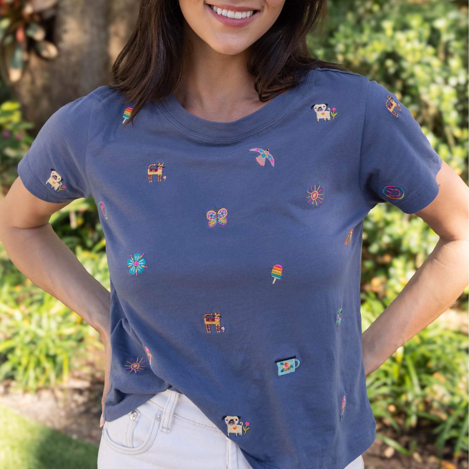 Natural Life Fave Things Doodle Embroidered Tee, Indigo, Small