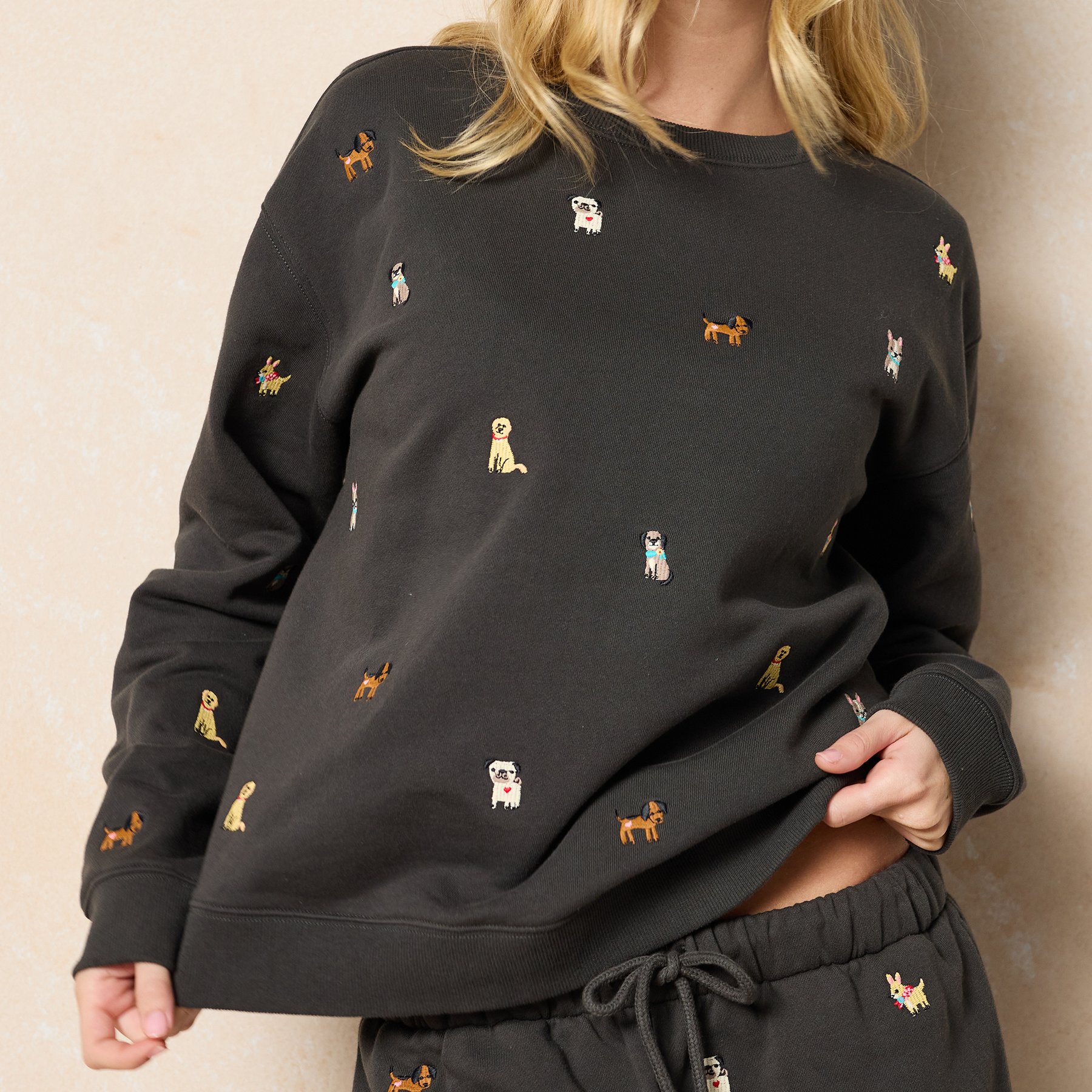 Natural Life Fave Things Dog Embroidered Sweatshirt, Charcoal, Small