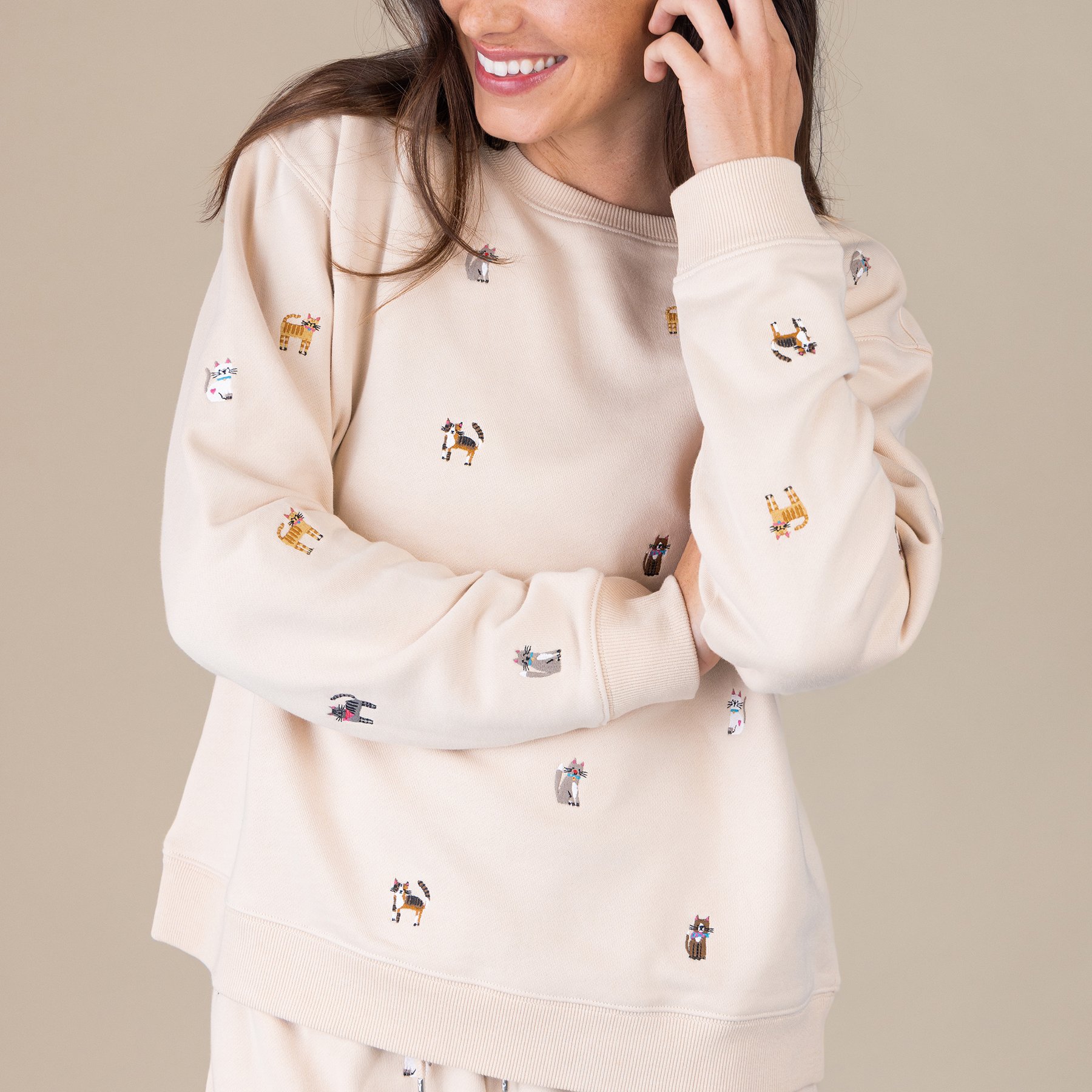 Natural Life Fave Things Cat Embroidered Sweatshirt, Charcoal, X-Small