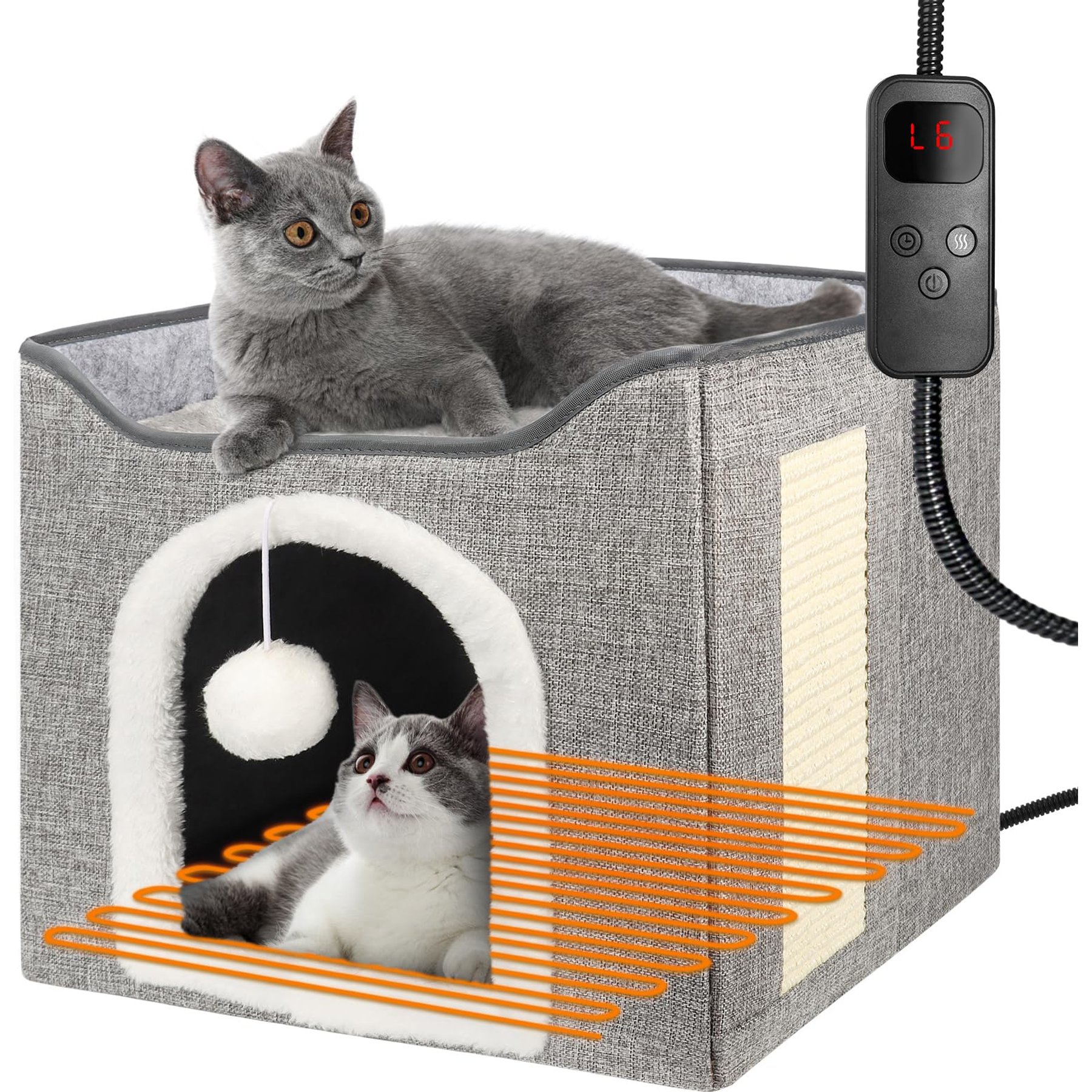 HXPLN Indoor Foldable Polyester Heated Cat Bed House with Removable Heating Pad & Scratch Pad, Grey