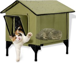 HXPLN Elevated Insulated Stray Weatherproof & Outside Waterproof Polyester Outdoor Cat House, Green, Large: 22 x 18.5 x 20.6-in