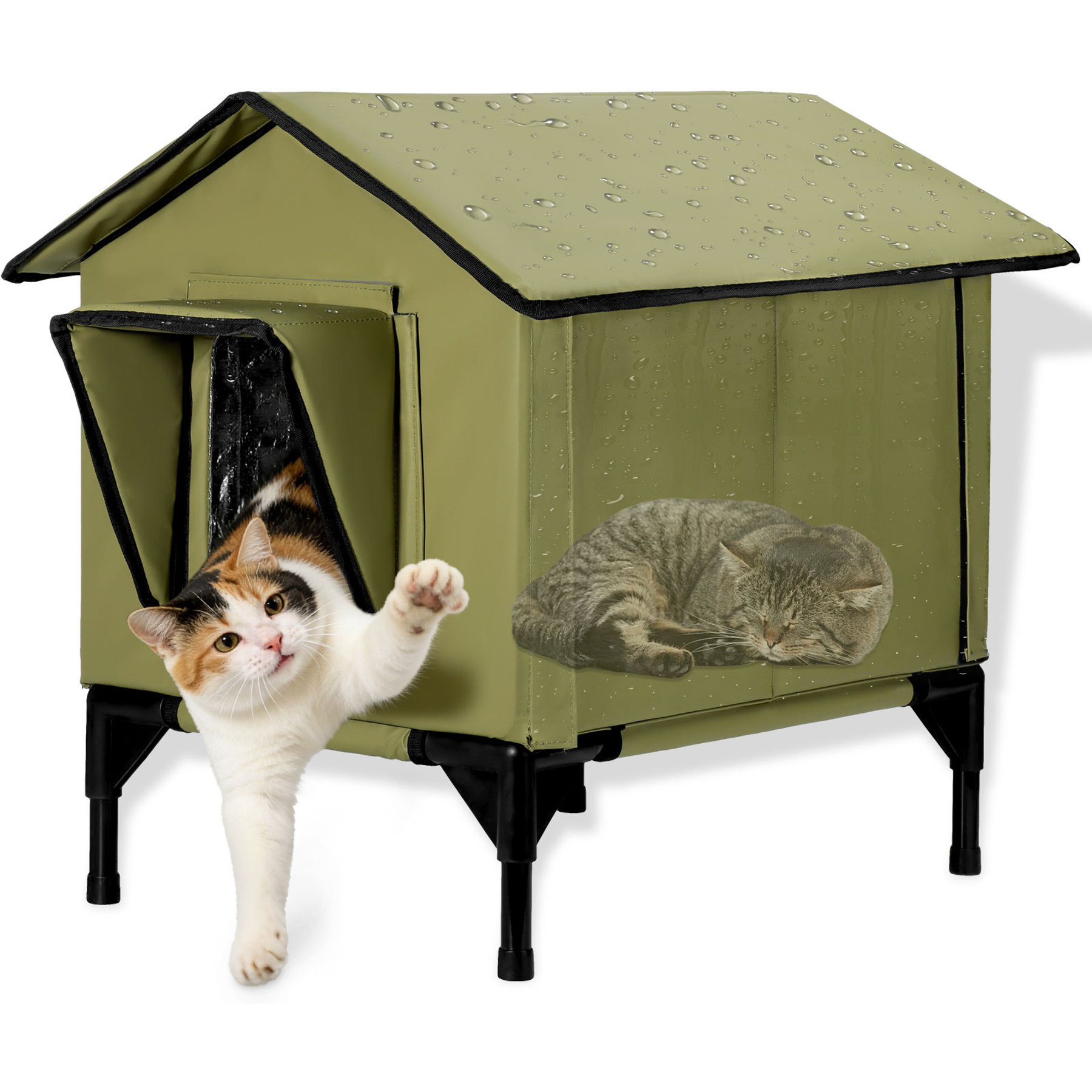 HXPLN Elevated Insulated Stray Weatherproof & Outside Waterproof Polyester Outdoor Cat House, Green, Large: 22 x 18.5 x 20.6-in