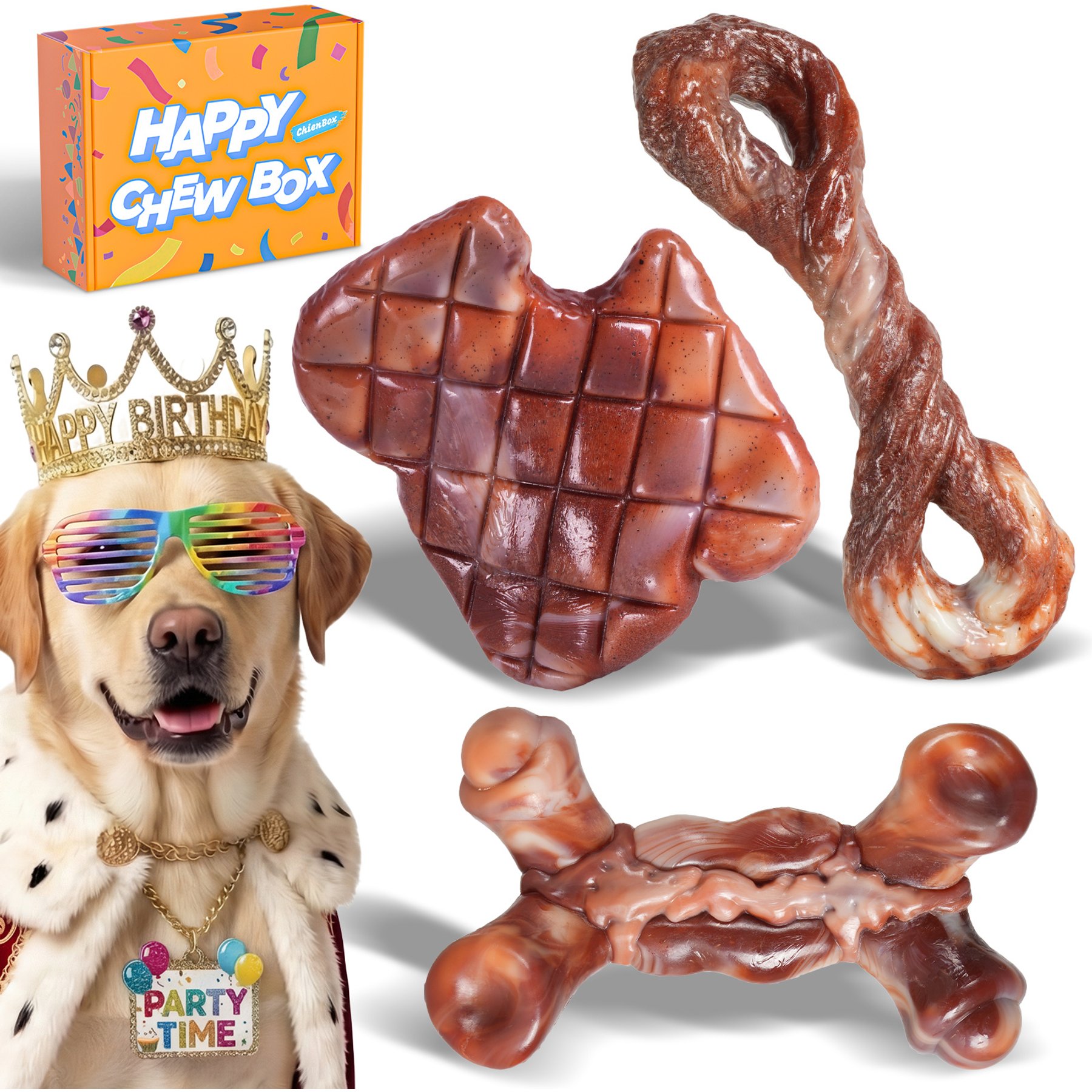 Kseroo Birthday Gift Set ChienBox Bacon Flavor Nylon Toug Chew Dog Toy, Brown, 3 count