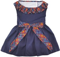 Doggie Design Navy Dog Dress with Plaid Ruffles, Large