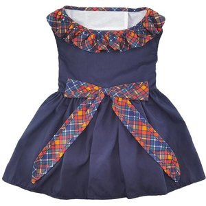 Doggie Design Navy Dog Dress with Plaid Ruffles, Medium