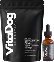 VitaDog Nutrition Dog Supplement Bundle: Daily All-in-One Powder Beef Flavor, 21.2-oz bag + Custom Blend Oil Liquid, 1-fl oz bottle
