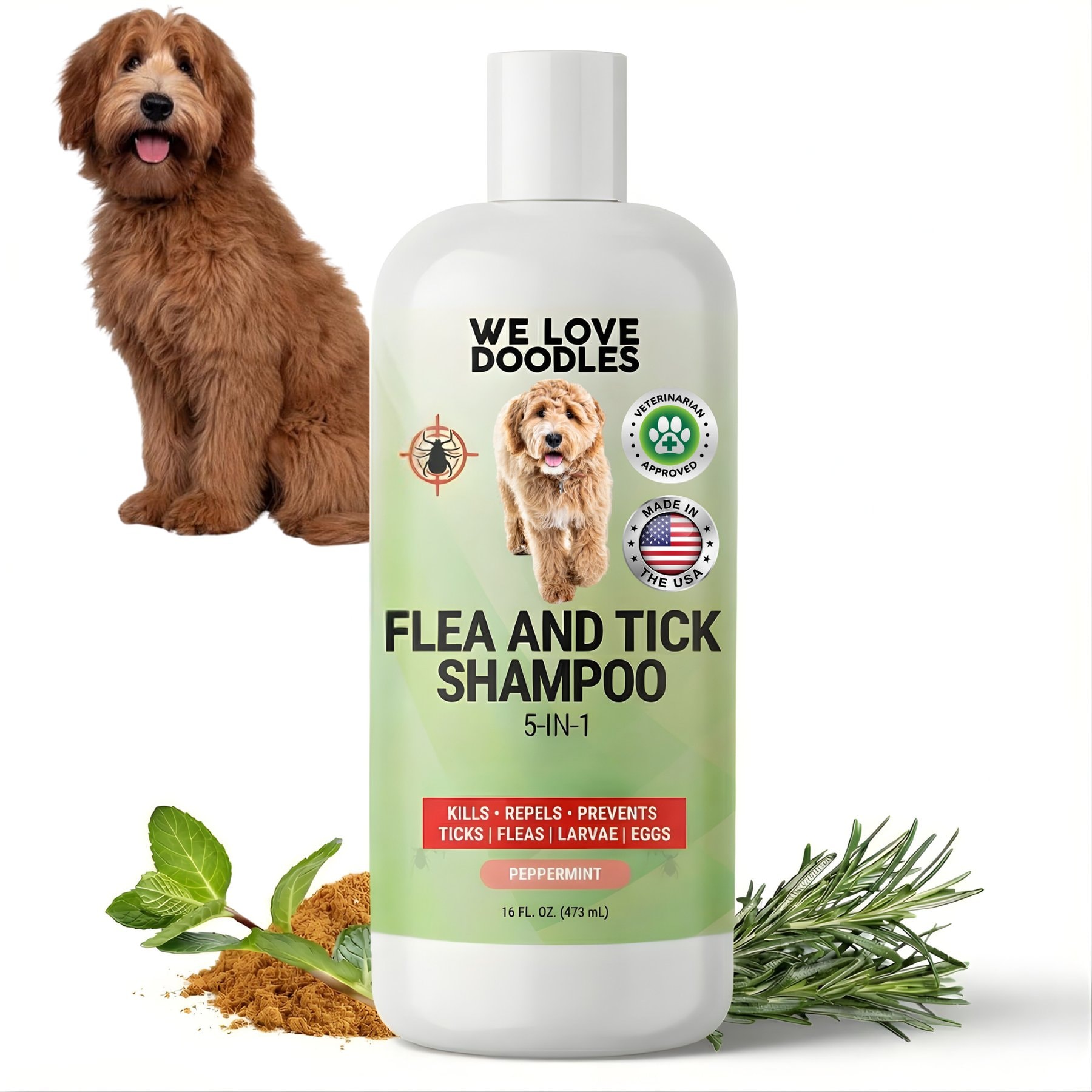 We Love Doodles 5-in-1 Flea & Tick Peppermint Dog Shampoo, 16 fl oz bottle