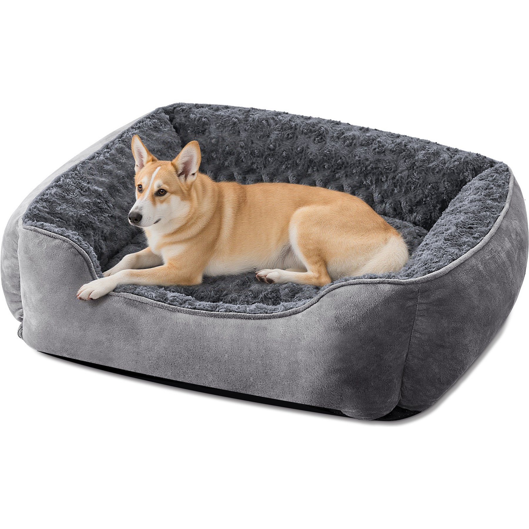 Invenho Square Bolster Dog Bed with Anti-Slip Bottom & Washable Calming Soft Bed, Grey, Large: 30 x 24 x 9-in