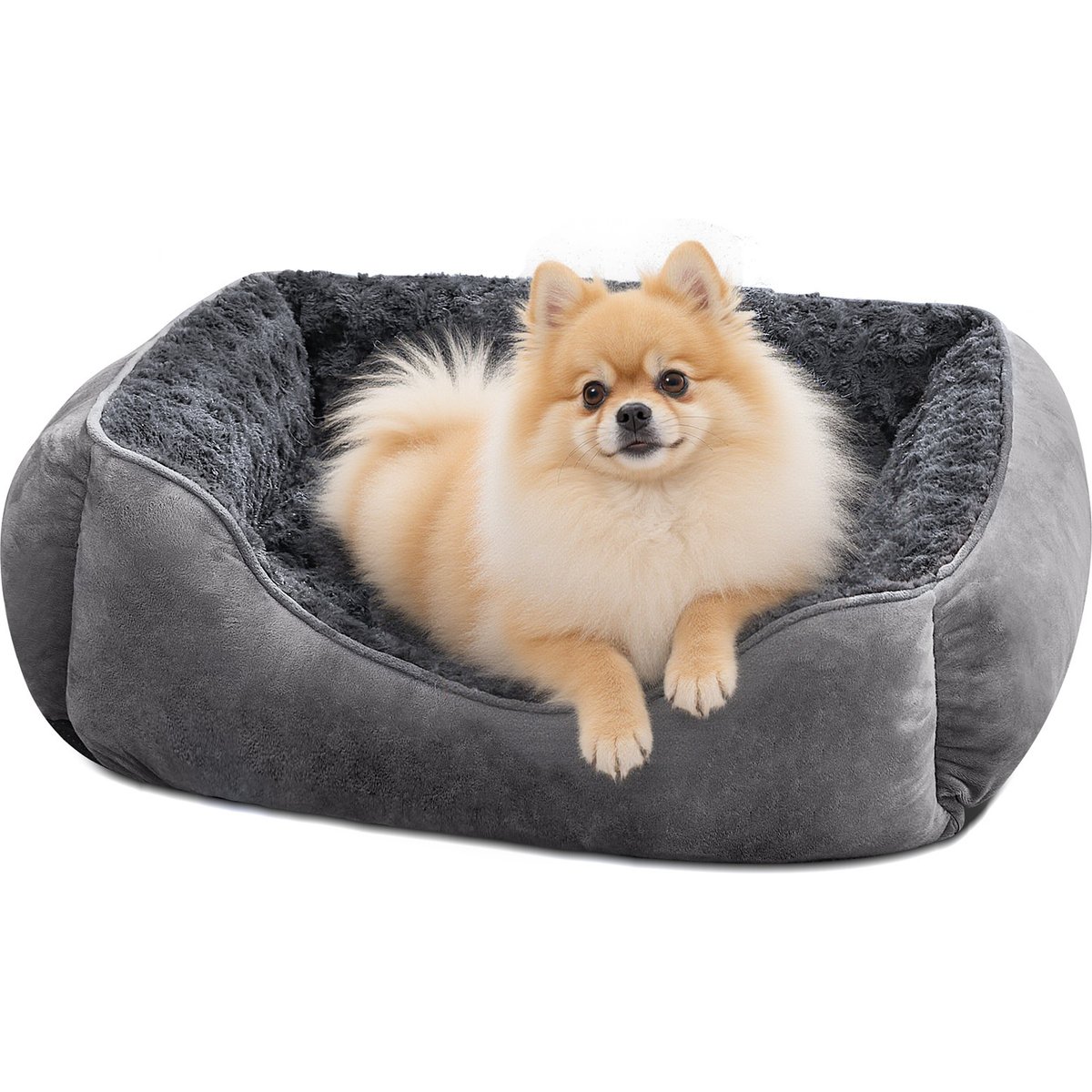 Invenho Square Bolster Dog Bed with Anti-Slip Bottom & Washable Calming Soft Bed, Grey, Small: 20 x 19 x 6-in