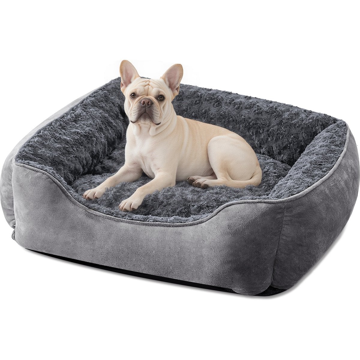 Invenho Square Bolster Dog Bed with Anti-Slip Bottom & Washable Calming Soft Bed, Grey, Medium: 25 x 21 x 8-in