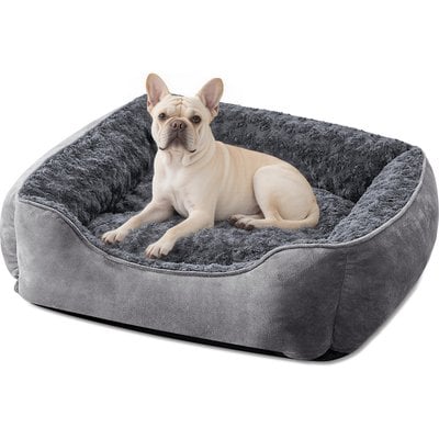 Invenho Invenho Square Bolster Dog Bed with Anti-Slip Bottom & Washable Calming Soft Bed, Grey, Medium: 25 x 21 x 8-in