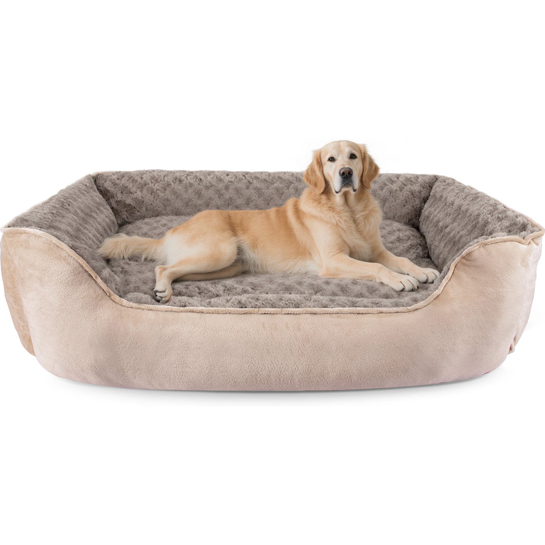 Invenho Square Bolster Dog Bed with Anti-Slip Bottom & Washable Calming Soft Bed, Beige, XX-Large: 42 x 30 x 10-in