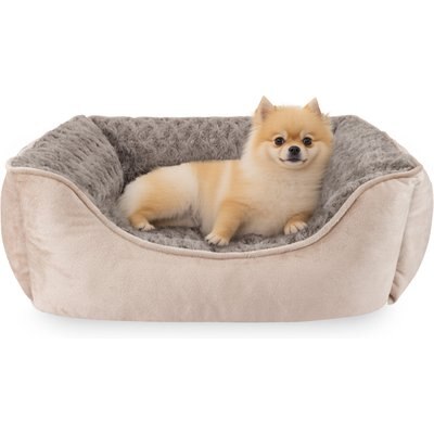 Invenho Invenho Square Bolster Dog Bed with Anti-Slip Bottom & Washable Calming Soft Bed, Beige, Small: 20 x 19 x 6-in