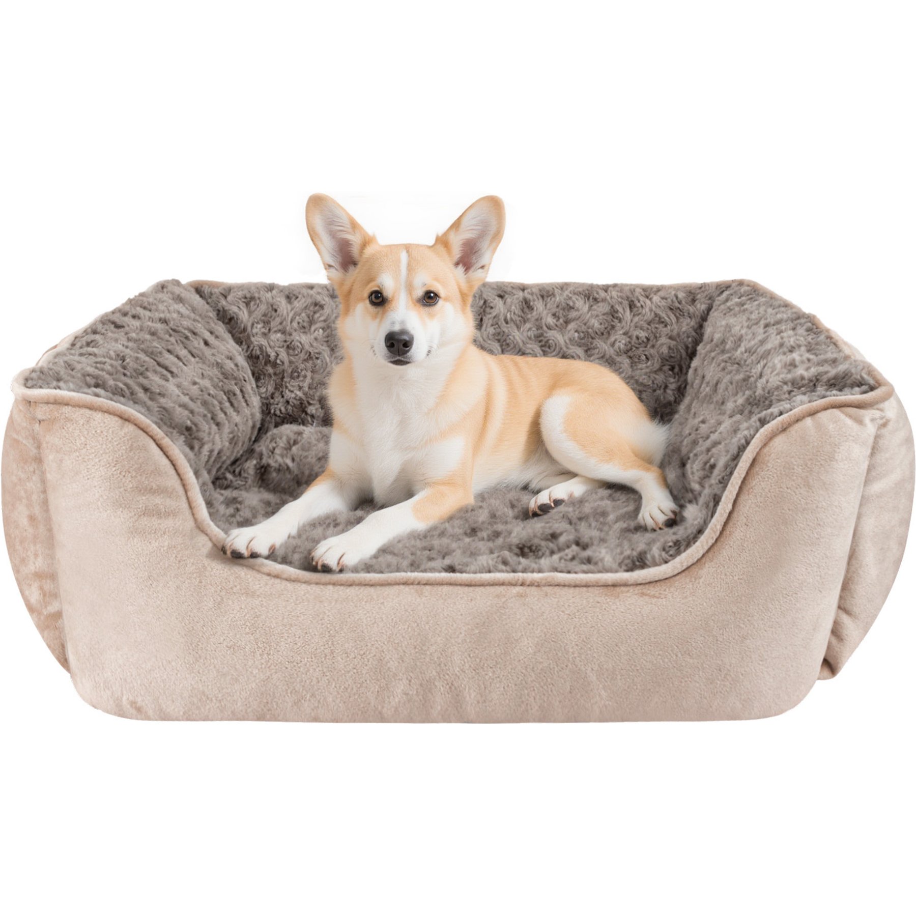 Invenho Square Bolster Dog Bed with Anti-Slip Bottom & Washable Calming Soft Bed, Beige, Medium: 25 x 21 x 8-in