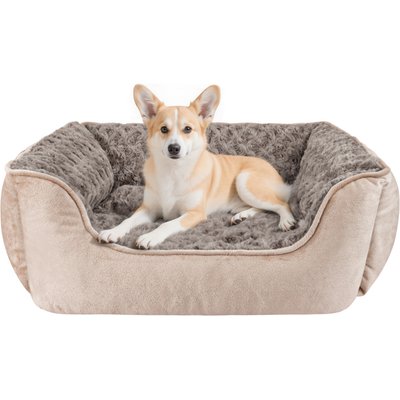 Invenho Invenho Square Bolster Dog Bed with Anti-Slip Bottom & Washable Calming Soft Bed, Beige, Medium: 25 x 21 x 8-in