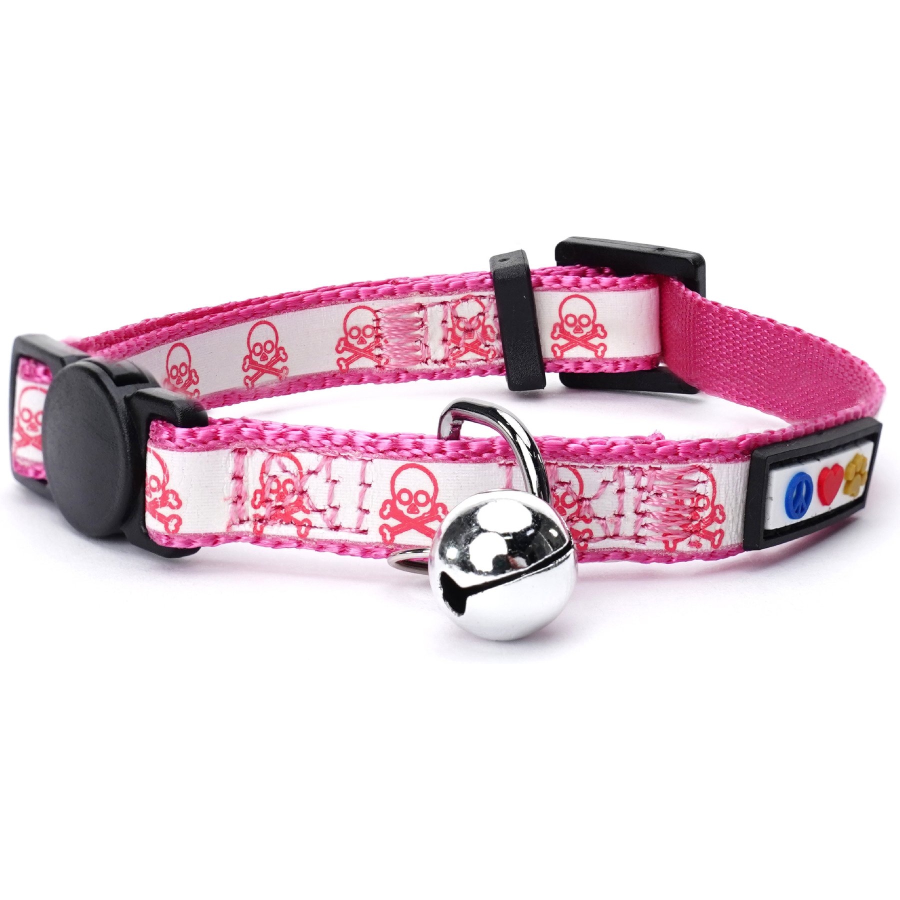 Pawtitas Glow in The Dark Adjustable Safety Buckle Nylon Reflective Breakaway Cat Collar with Bell, 8 to 12-in neck, 3/8-in wide, Pink Skulls