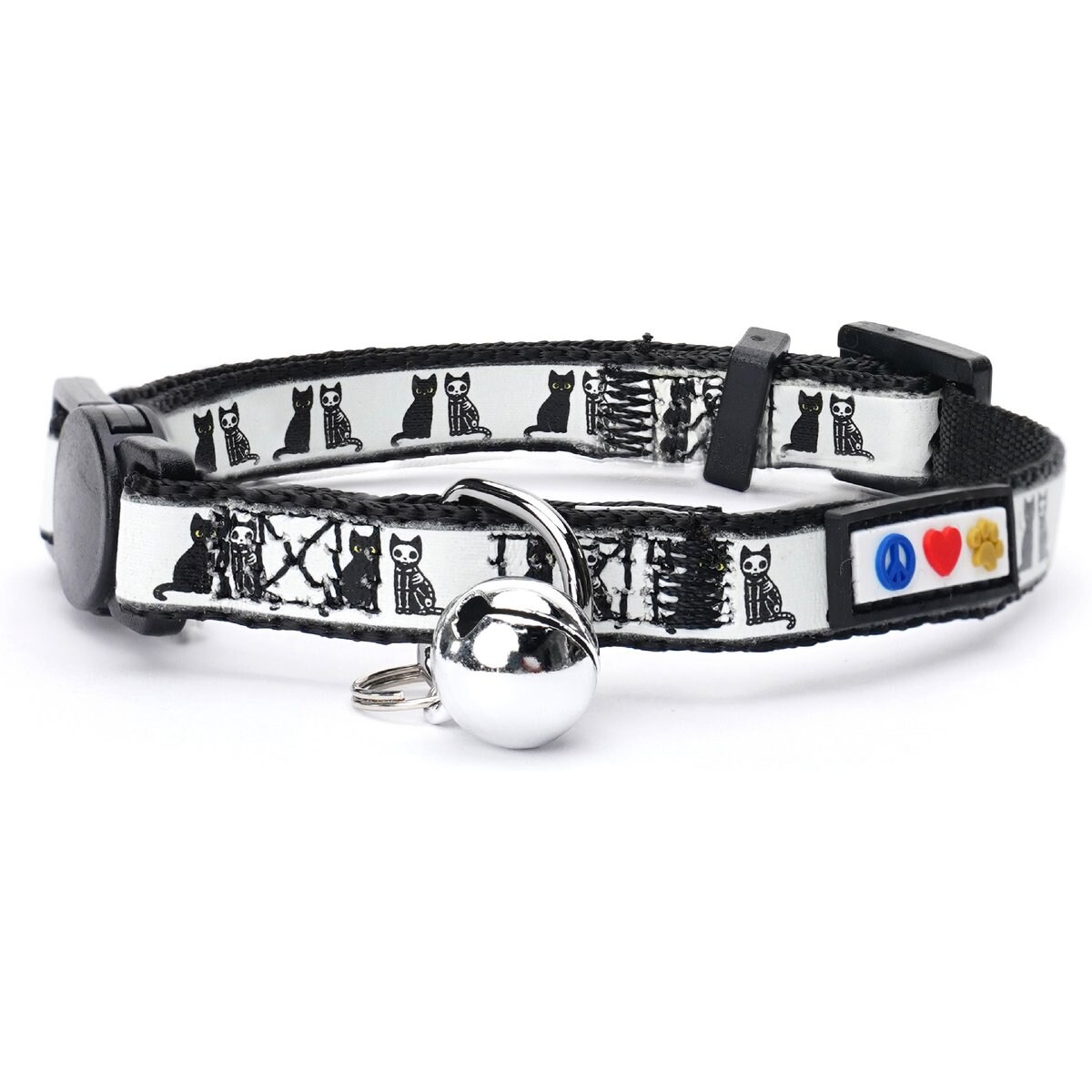 Pawtitas Glow in The Dark Adjustable Safety Buckle Nylon Reflective Breakaway Cat Collar with Bell, 8 to 12-in neck, 3/8-in wide, Black