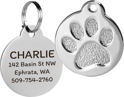 GoTags Personalized Paw Print Round Polished Stainless Steel Dog & Cat Tag, Platinum, Regular