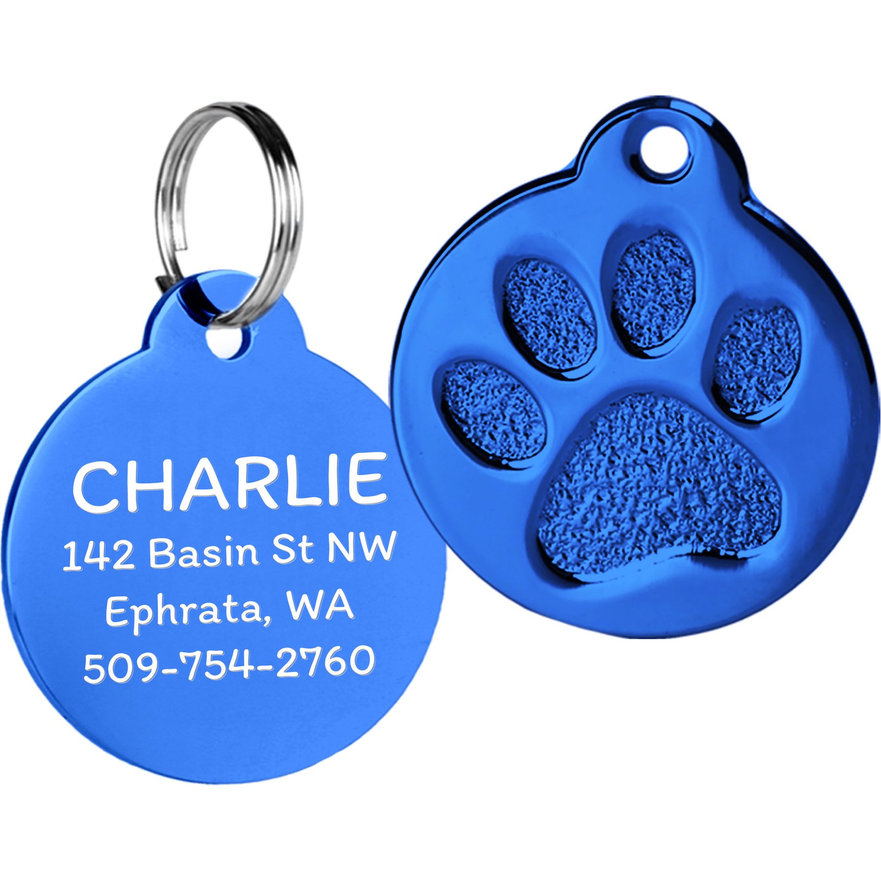 GoTags Personalized Paw Print Round Polished Stainless Steel Dog & Cat Tag, Navy, Regular