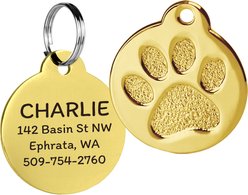 GoTags Personalized Paw Print Round Polished Stainless Steel Dog & Cat Tag, Golden, Regular