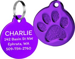 GoTags Personalized Paw Print Round Polished Stainless Steel Dog & Cat Tag, Violet, Regular