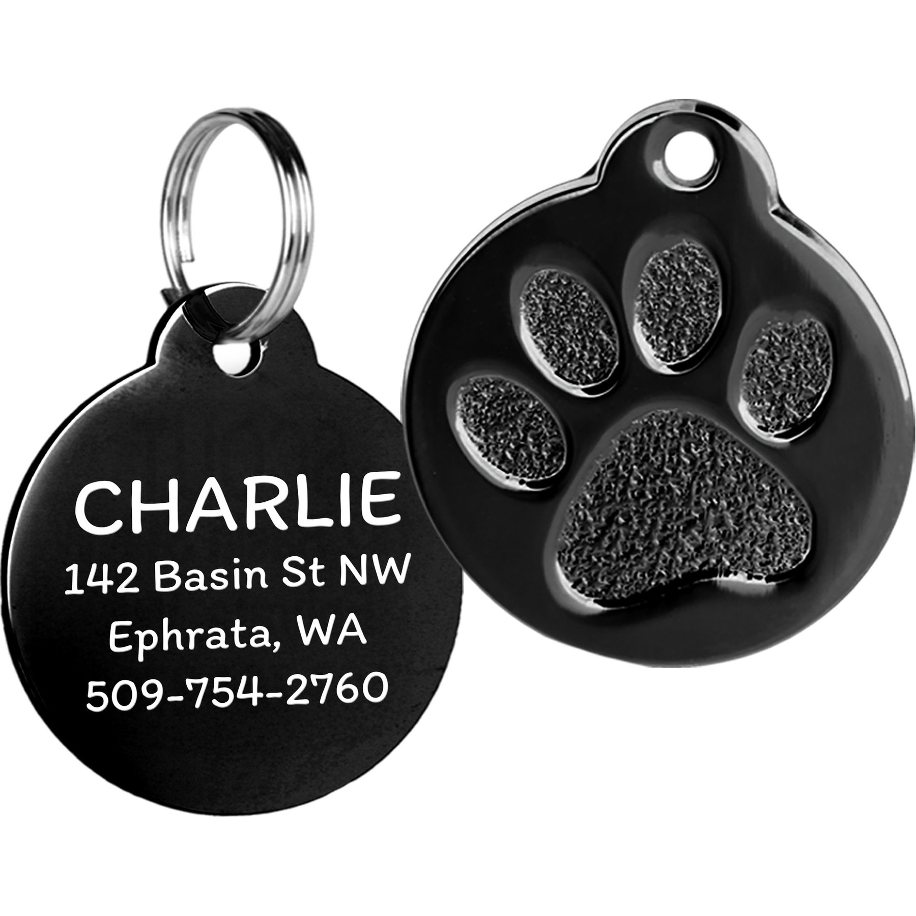 GoTags Personalized Paw Print Round Polished Stainless Steel Dog & Cat Tag, Onyx, Small