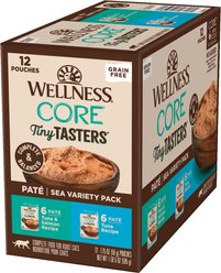 Wellness CORE Tiny Tasters Tuna & Salmon, Tuna Pate Sea Variety Pack Grain-Free Cat Food Pouches, 1.75-oz, pack of 12