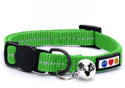 Pawtitas Recycled Cat Collar Safety Buckle Nylon Reflective Breakaway with Removable Bell & High-Visibility Strap, 8 to 12-in neck, 3/8-in wide, Green
