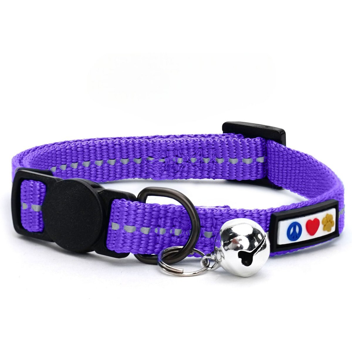 Pawtitas Recycled Cat Collar Safety Buckle Nylon Reflective Breakaway with Removable Bell & High-Visibility Strap, 8 to 12-in neck, 3/8-in wide, Purple