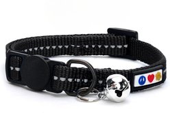 Pawtitas Recycled Cat Collar Safety Buckle Nylon Reflective Breakaway with Removable Bell & High-Visibility Strap, 8 to 12-in neck, 3/8-in wide, Black