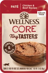 Wellness CORE Tiny Tasters Chicken & Beef Pate Grain-Free Cat Food Pouches, 1.75-oz, pack of 12