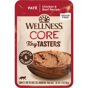 Wellness CORE Tiny Tasters Chicken & Beef Pate Grain-Free Cat Food Pouches, 1.75-oz, pack of 12