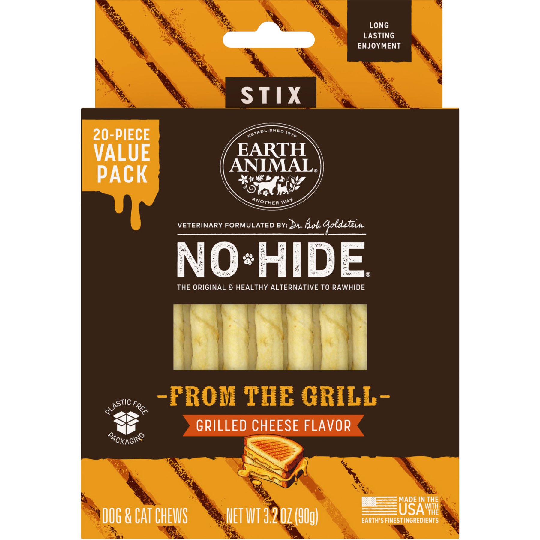 Earth Animal No-Hide From the Grill Stix Long Lasting Natural Rawhide Free Grilled Cheese Vegetarian Flavor Dog & Cat Chew Treat Sticks, 20 count