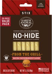 Earth Animal No-Hide From the Grill Long Lasting Natural Rawhide Alternative Bacon Cheeseburger Flavor Stix Chew Dog & Cat Treat Sticks, 20 count