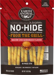 Earth Animal No-Hide From the Grill Long Lasting Natural Rawhide Alternative Bacon Cheeseburger Flavor Stix Chew Dog & Cat Treat Sticks, 10 count