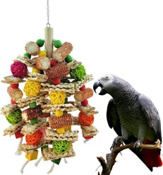 NonoPets Natural Foraging 13-in Hanging Shredder Bird Toy with Air-Dried Corn Cobs, Natural Wood & Rattan Balls